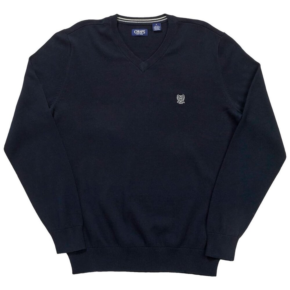 Chaps Mens Large Cotton Black V-Neck Sweater Embroidered Logo Preppy Grandpa
